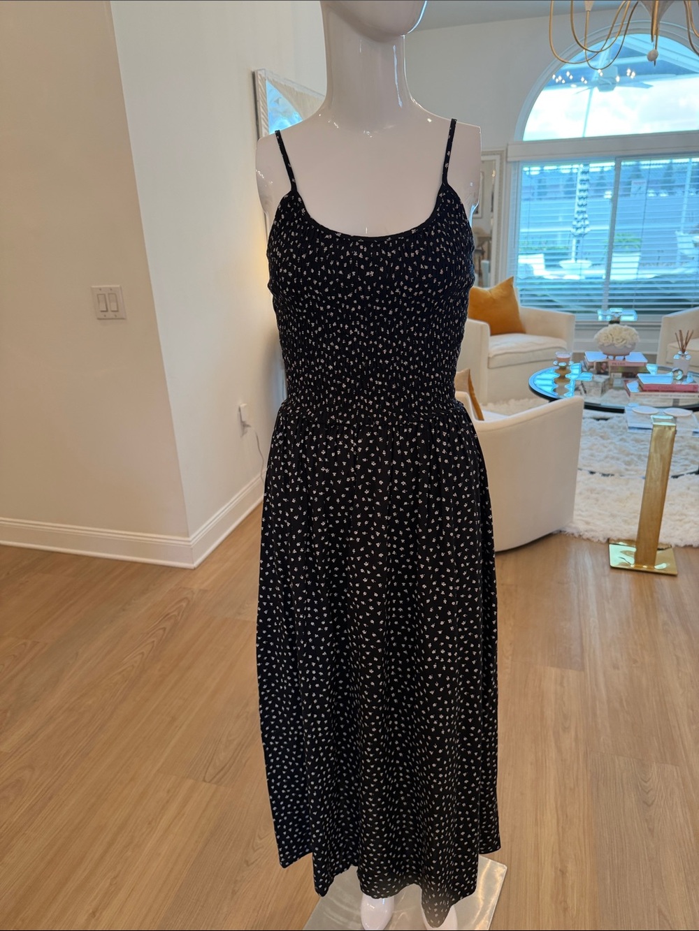 Black Printed Smocked Midi Dress